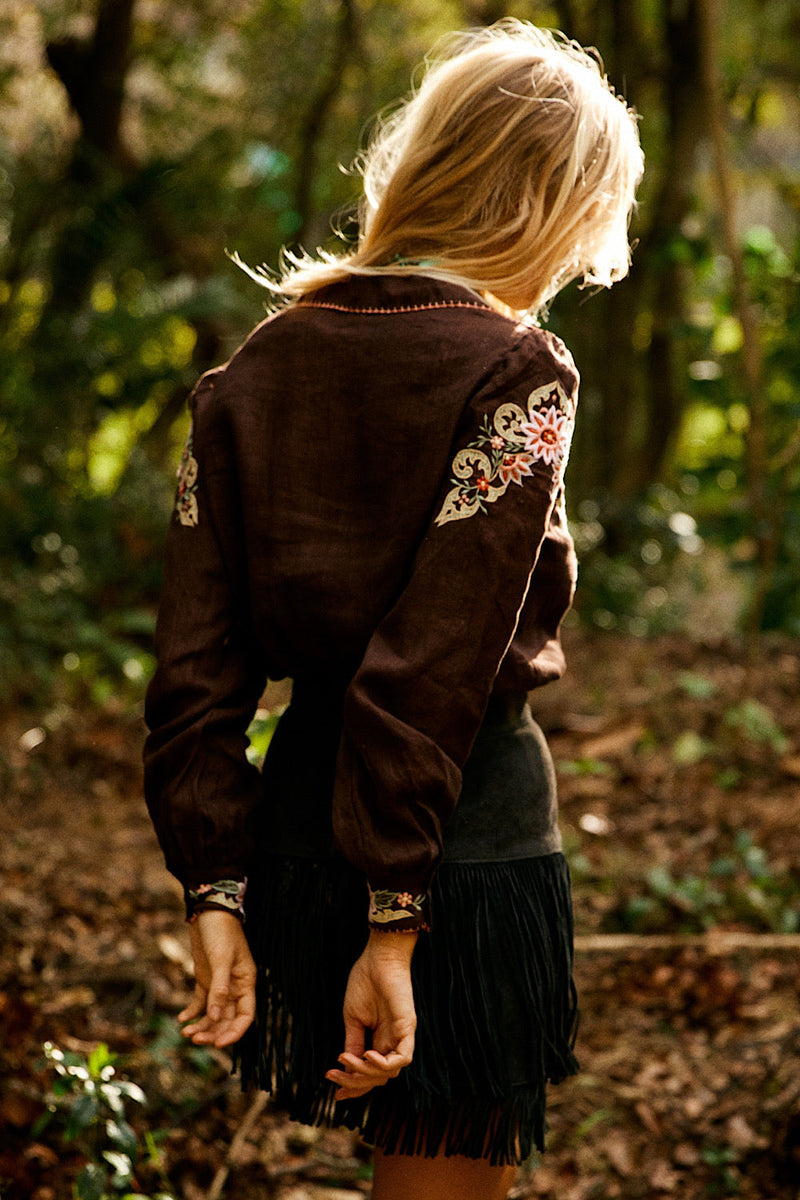 Calypso Linen Embroidered Blouse - Dark Chocolate - Chasing Unicorns