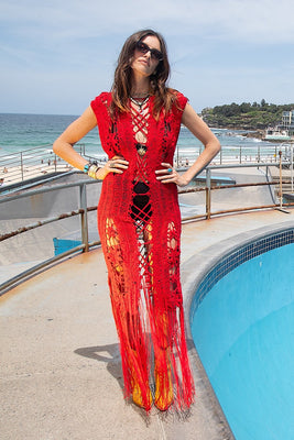 Chain Reaction Crochet Fringe Maxi Dress - Red