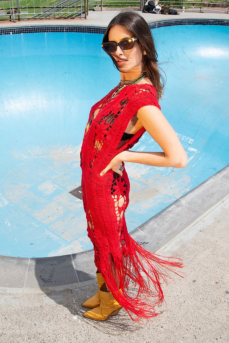 Chain Reaction Crochet Fringe Maxi Dress - Red - Chasing Unicorns