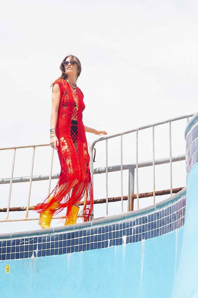 Chain Reaction Crochet Fringe Maxi Dress - Red - Chasing Unicorns