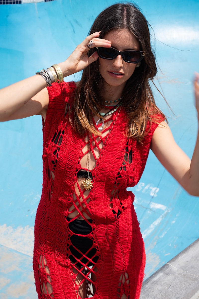 Chain Reaction Crochet Fringe Maxi Dress - Red - Chasing Unicorns