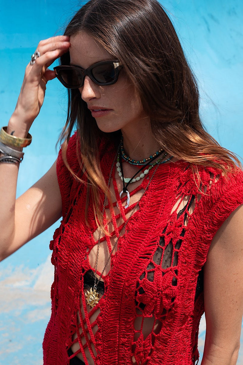 Chain Reaction Crochet Fringe Maxi Dress - Red - Chasing Unicorns