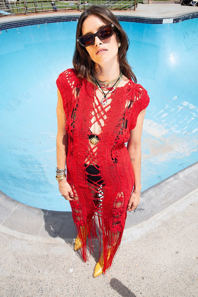 Chain Reaction Crochet Fringe Maxi Dress - Red - Chasing Unicorns