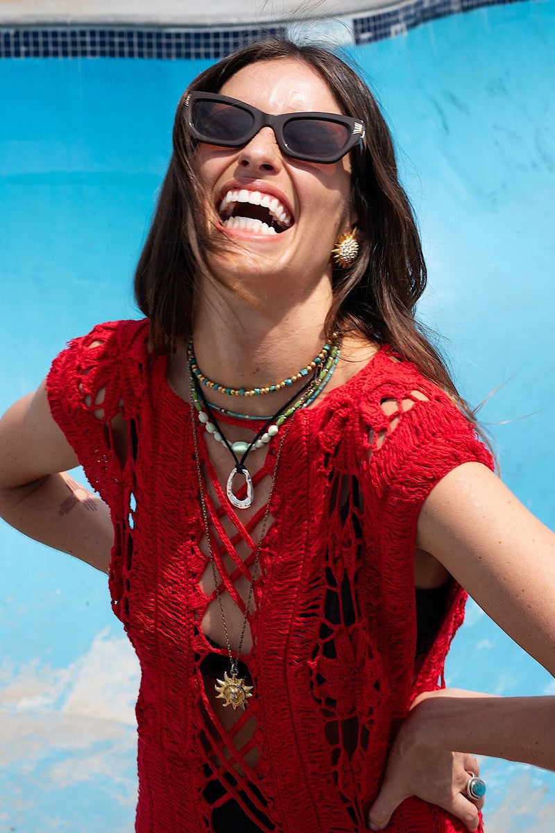 Chain Reaction Crochet Fringe Maxi Dress - Red - Chasing Unicorns