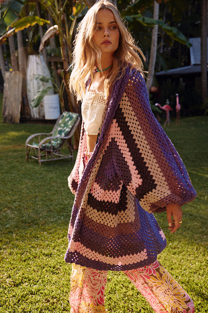 Colorado Girl Long Line Crochet Coat - Purple