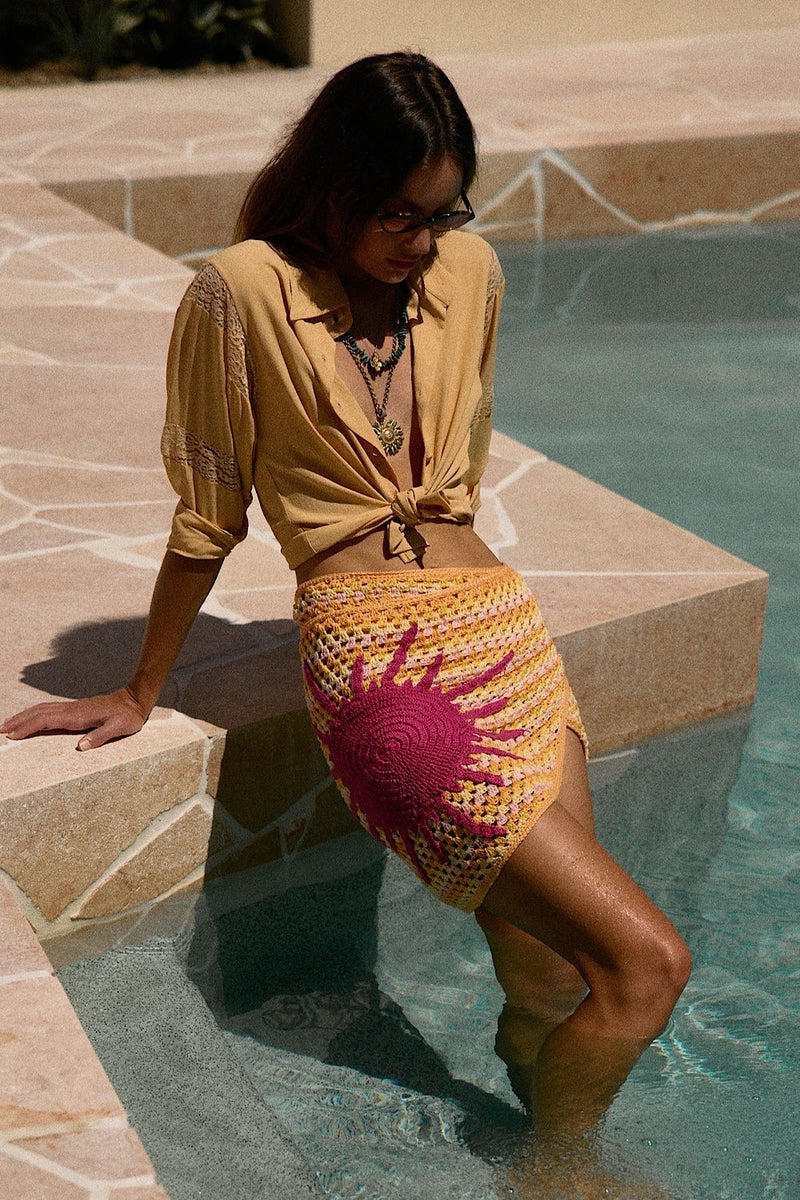 Cover Me In Sunshine Appliqué Sun Crochet Wrap Skirt - Chasing Unicorns