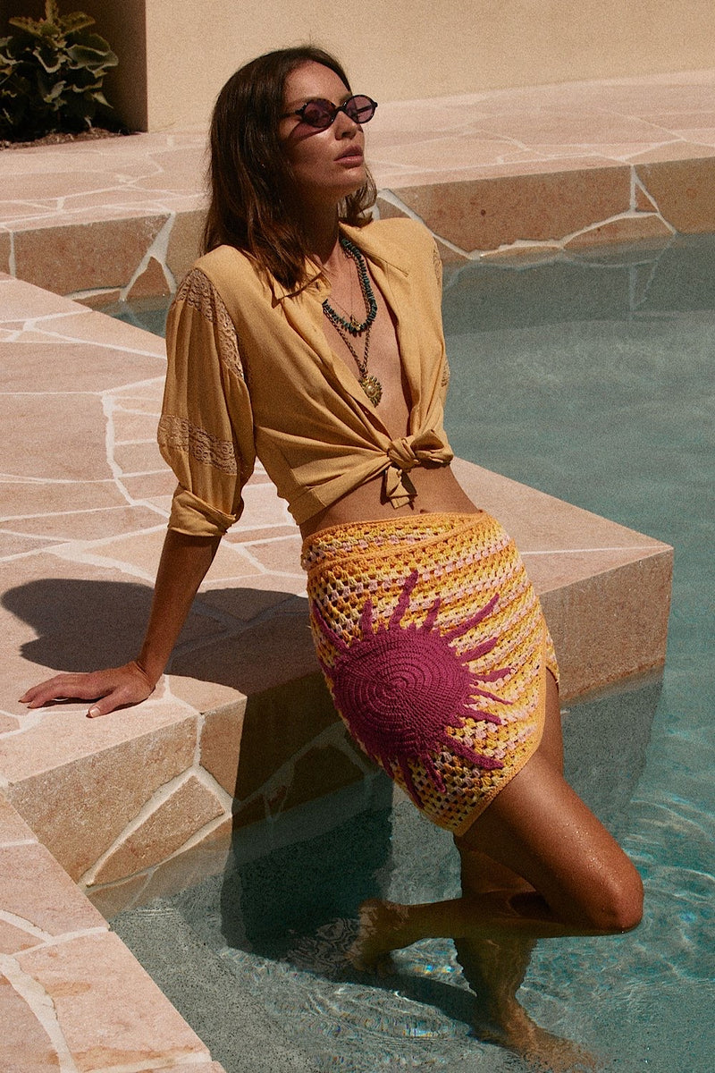 Cover Me In Sunshine Appliqué Sun Crochet Wrap Skirt - Chasing Unicorns