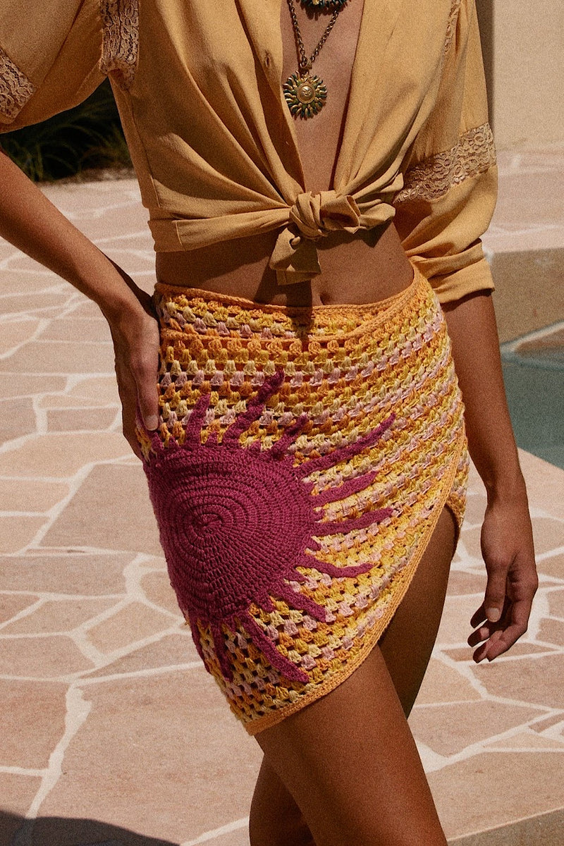 Cover Me In Sunshine Appliqué Sun Crochet Wrap Skirt - Chasing Unicorns