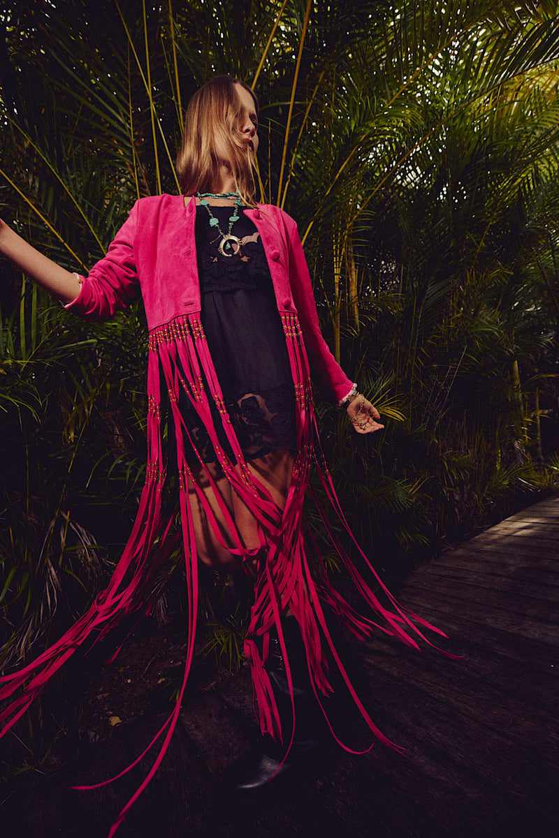 Dancing Barefoot Suede Fringe Jacket - Fuchsia - Chasing Unicorns