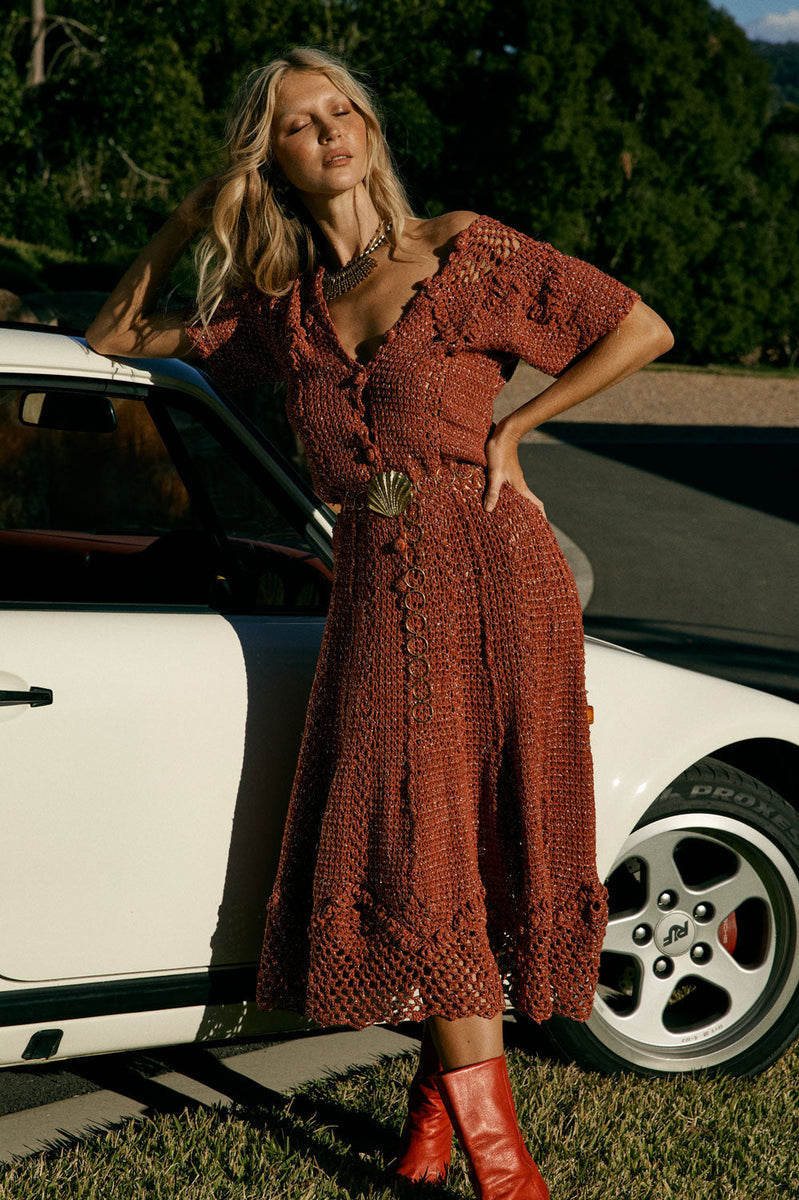 Daydreamer Crochet Lurex Midi Dress - Terracotta Red - Chasing Unicorns