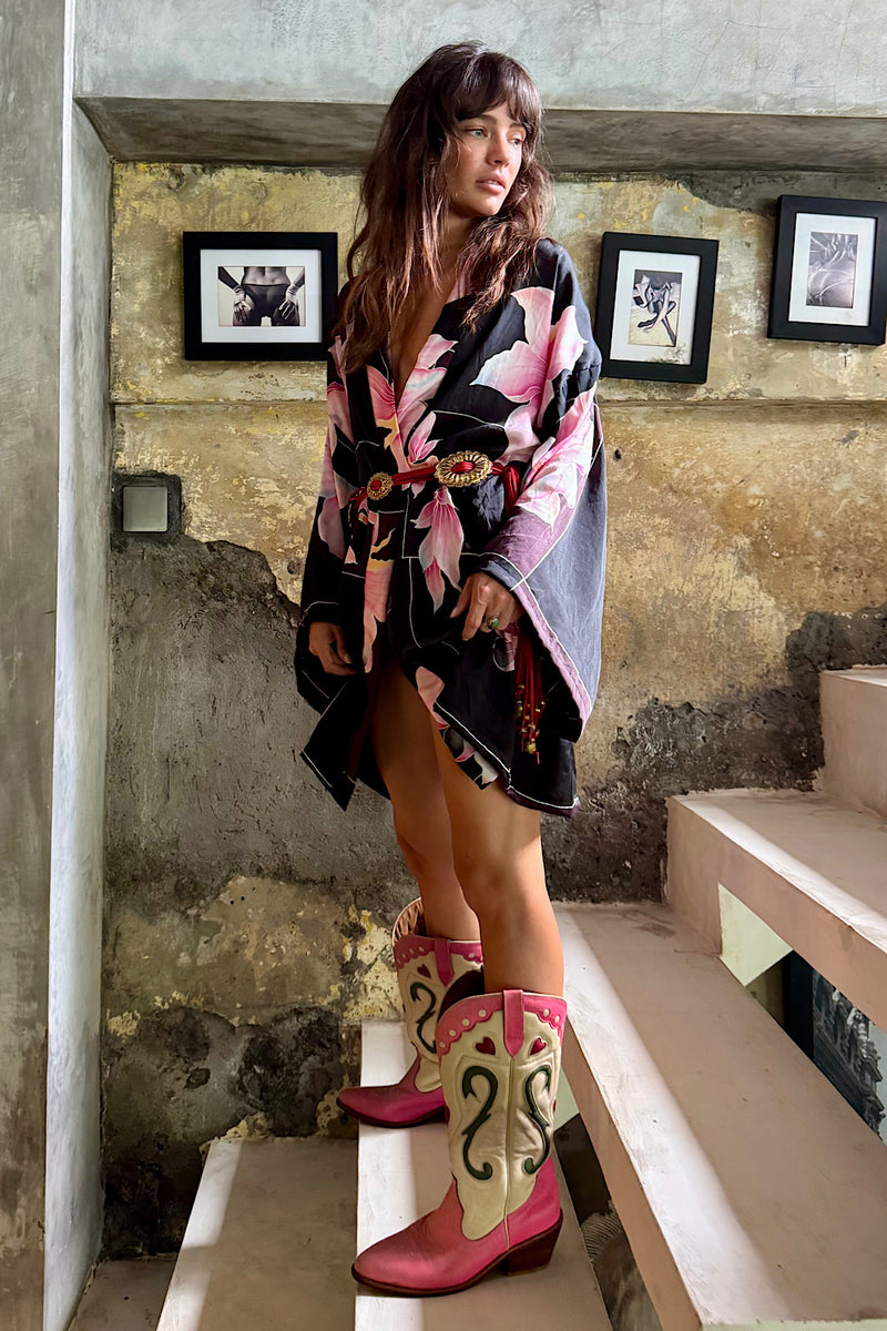 Desert Rose Hand Painted Floral Silk Crepe Kimono - Chasing Unicorns