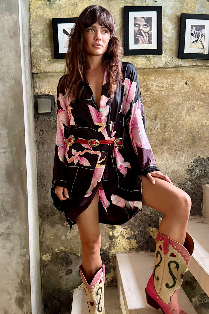 Desert Rose Hand Painted Floral Silk Satin Kimono