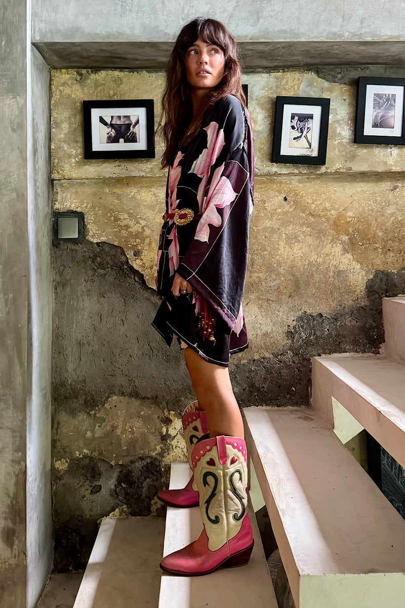 Desert Rose Hand Painted Floral Silk Crepe Kimono - Chasing Unicorns