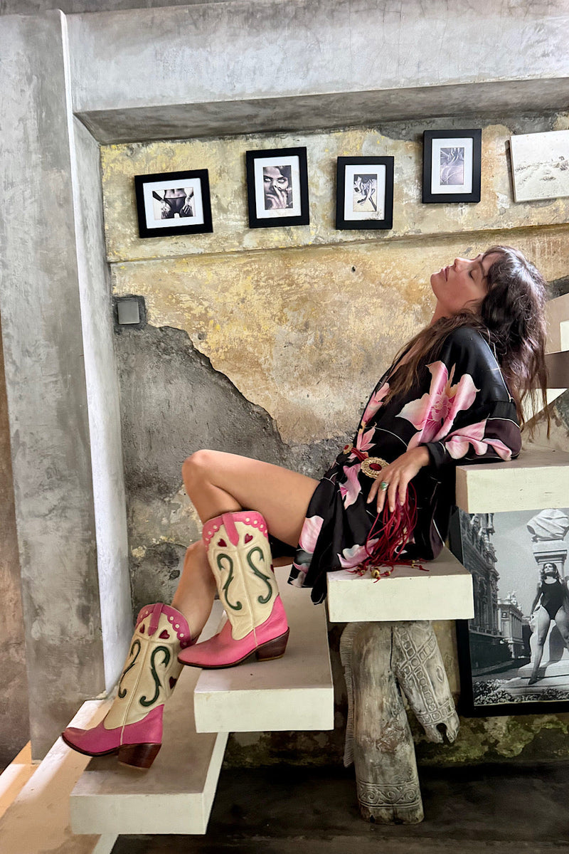 Desert Rose Hand Painted Floral Silk Crepe Kimono - Chasing Unicorns