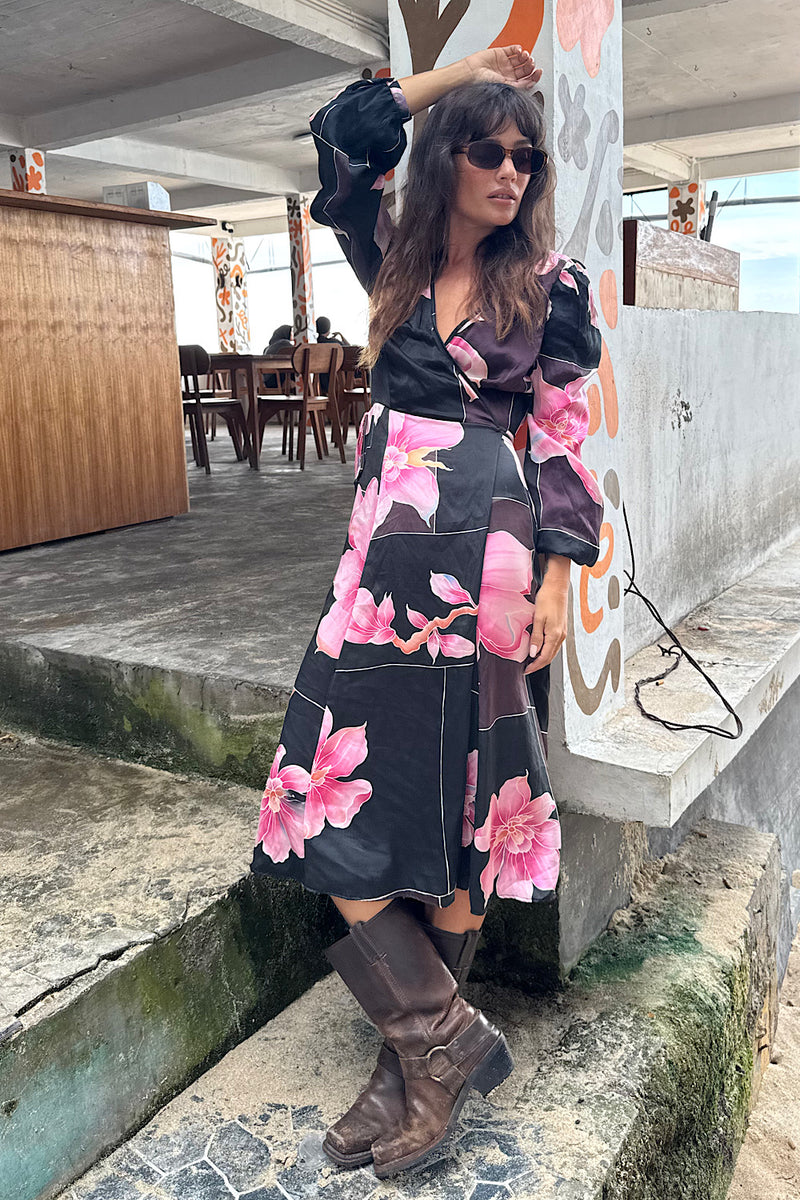 Desert Rose Silk Hand Painted Wrap Midi Dress - Chasing Unicorns