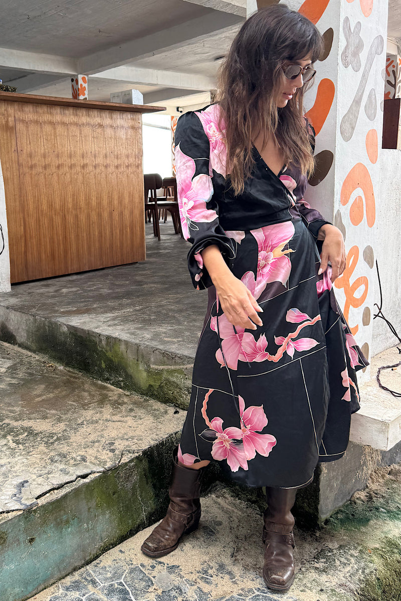 Desert Rose Silk Hand Painted Wrap Midi Dress - Chasing Unicorns