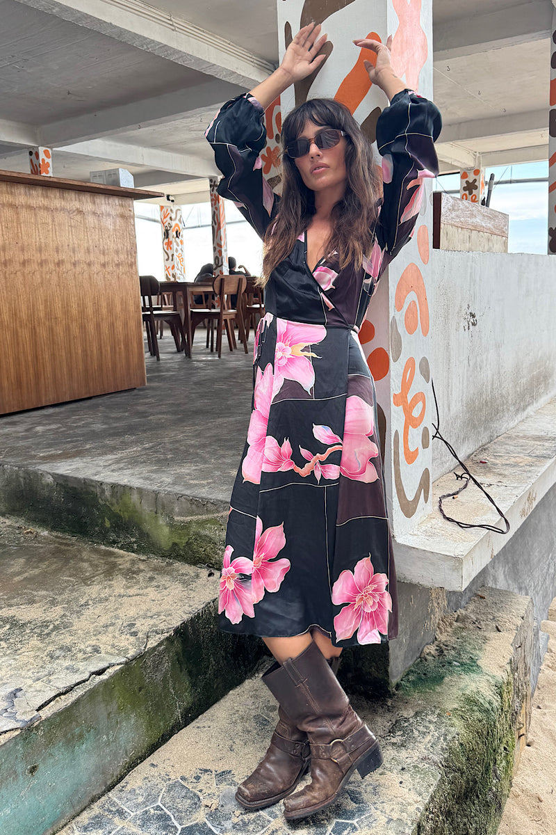 Desert Rose Silk Hand Painted Wrap Midi Dress - Chasing Unicorns