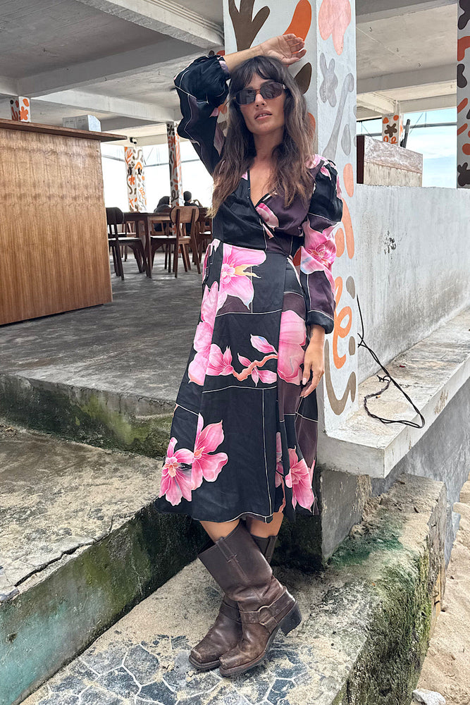 Desert Rose Silk Hand Painted Wrap Midi Dress