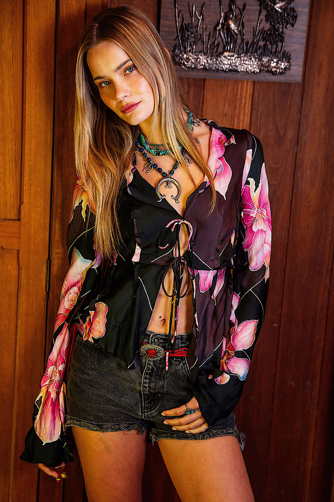 Desert Rose Silk Satin Tie Blouse