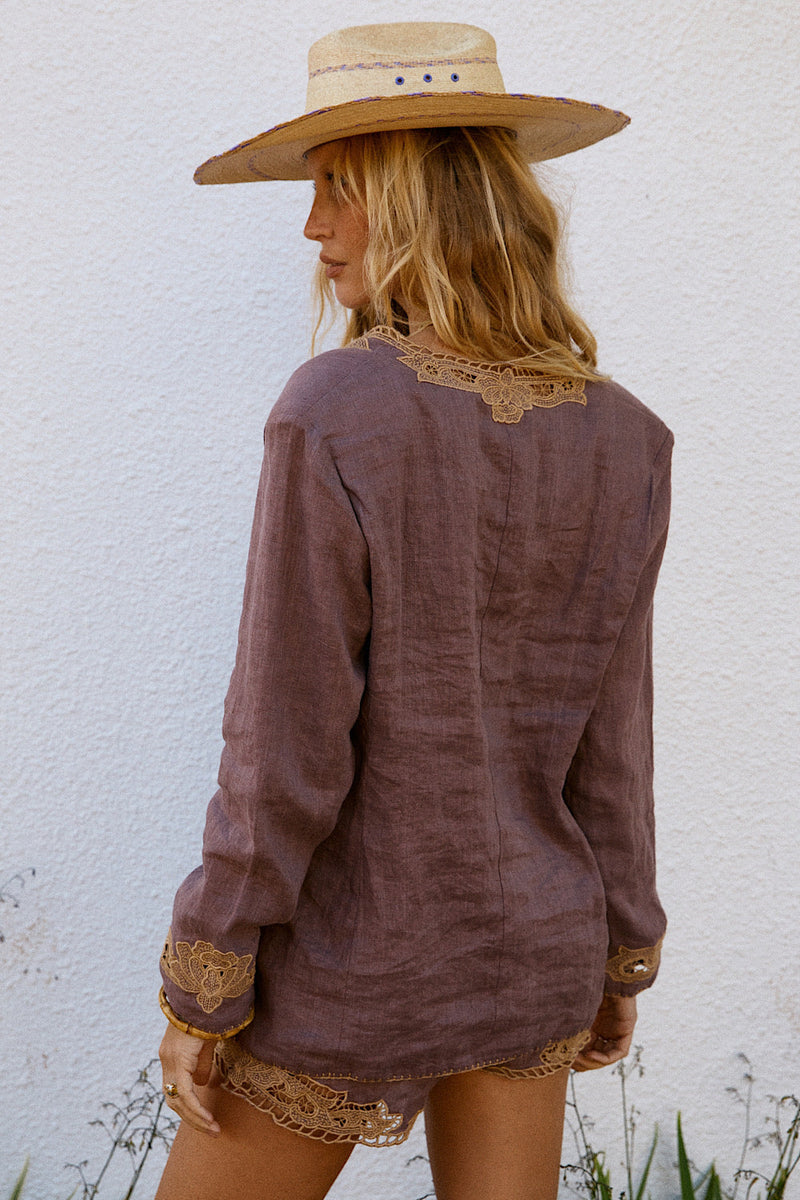 Every Day Is A Winding Road Linen Cutwork Blazer - Mauve - Chasing Unicorns