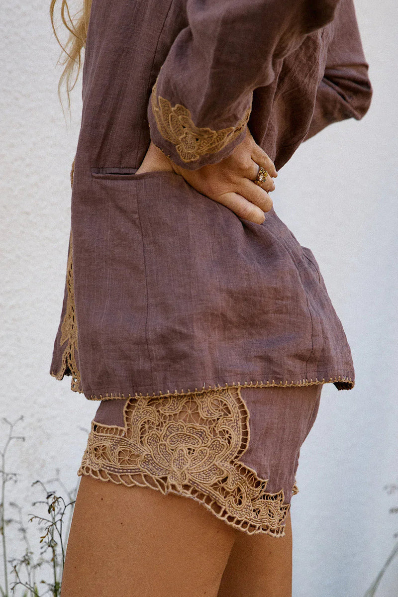 Every Day Is A Winding Road Linen Cutwork Shorts - Mauve - Chasing Unicorns