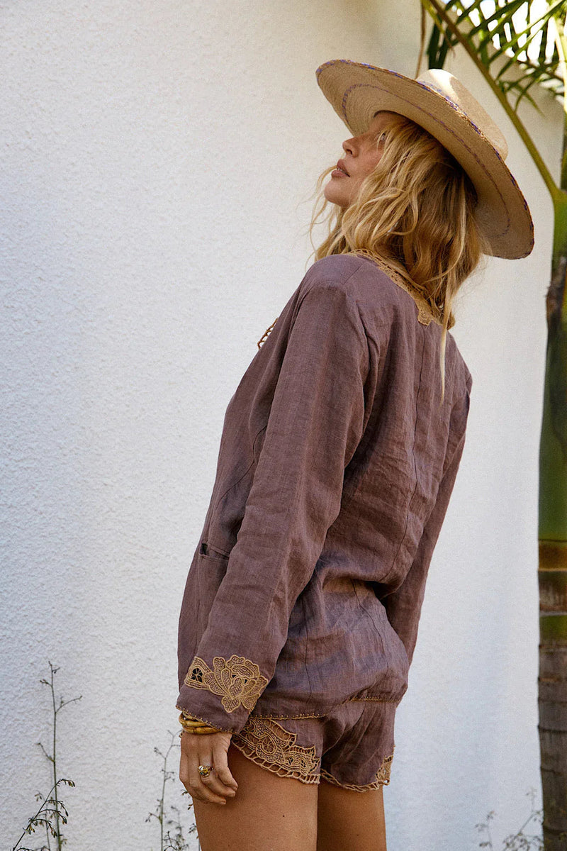 Every Day Is A Winding Road Linen Cutwork Shorts - Mauve - Chasing Unicorns