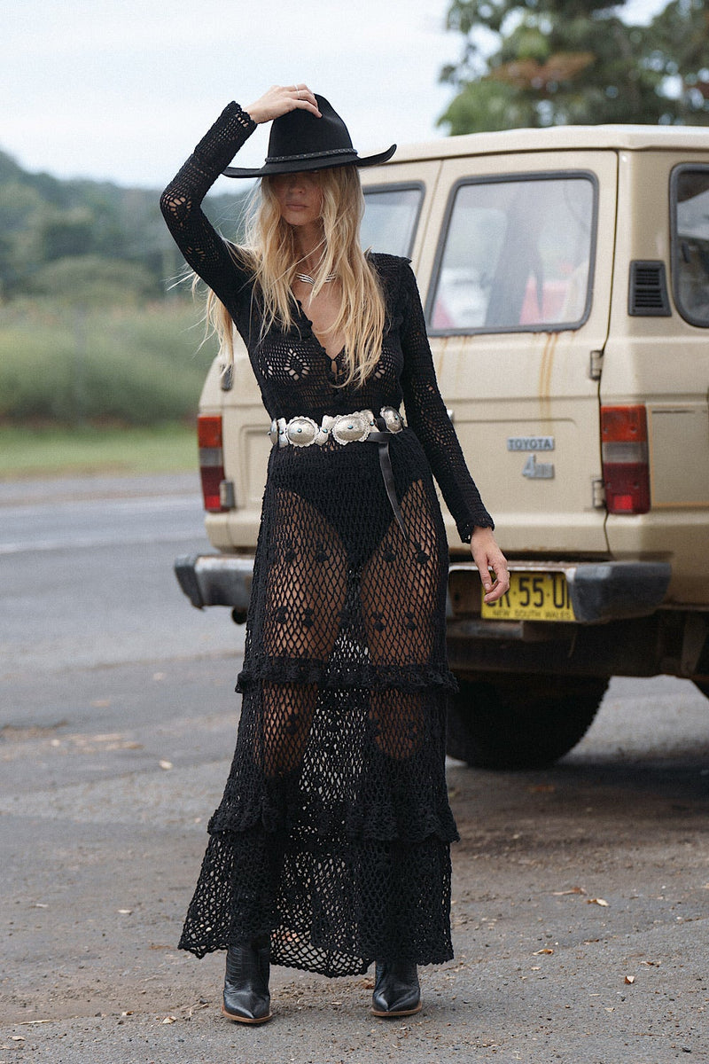 Fire On The Mountain Crochet Ruffle Maxi Dress - Black - Chasing Unicorns