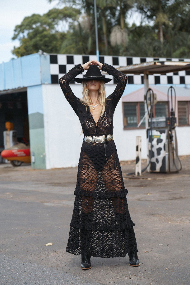 Fire On The Mountain Crochet Ruffle Maxi Dress - Black - Chasing Unicorns