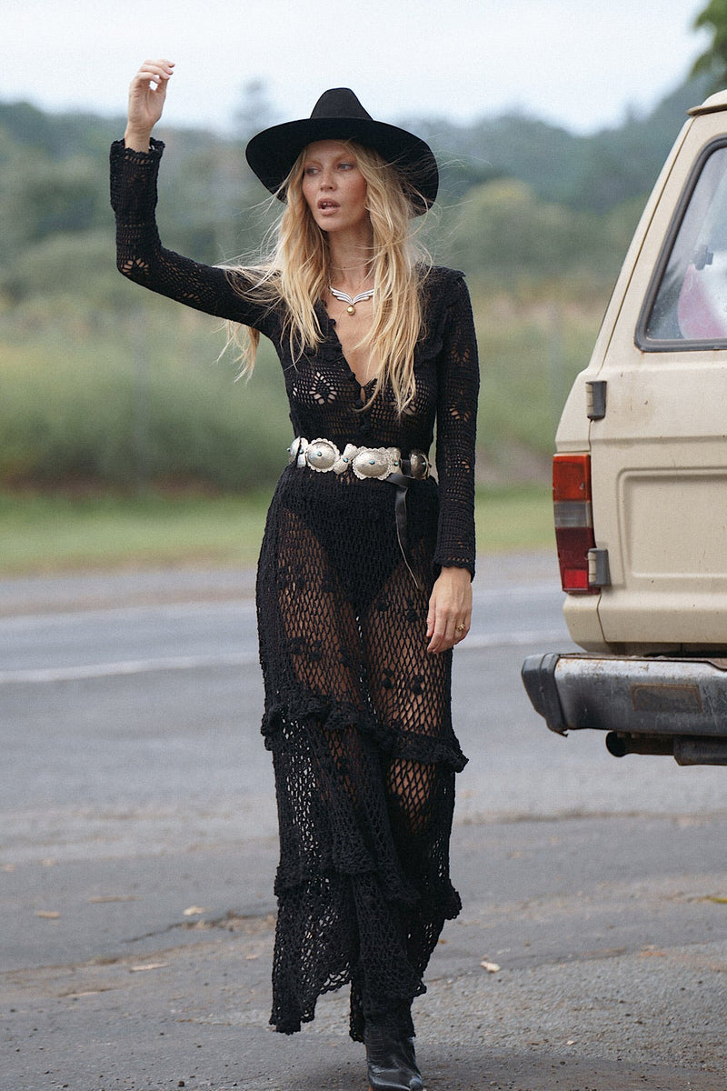 Fire On The Mountain Crochet Ruffle Maxi Dress - Black - Chasing Unicorns