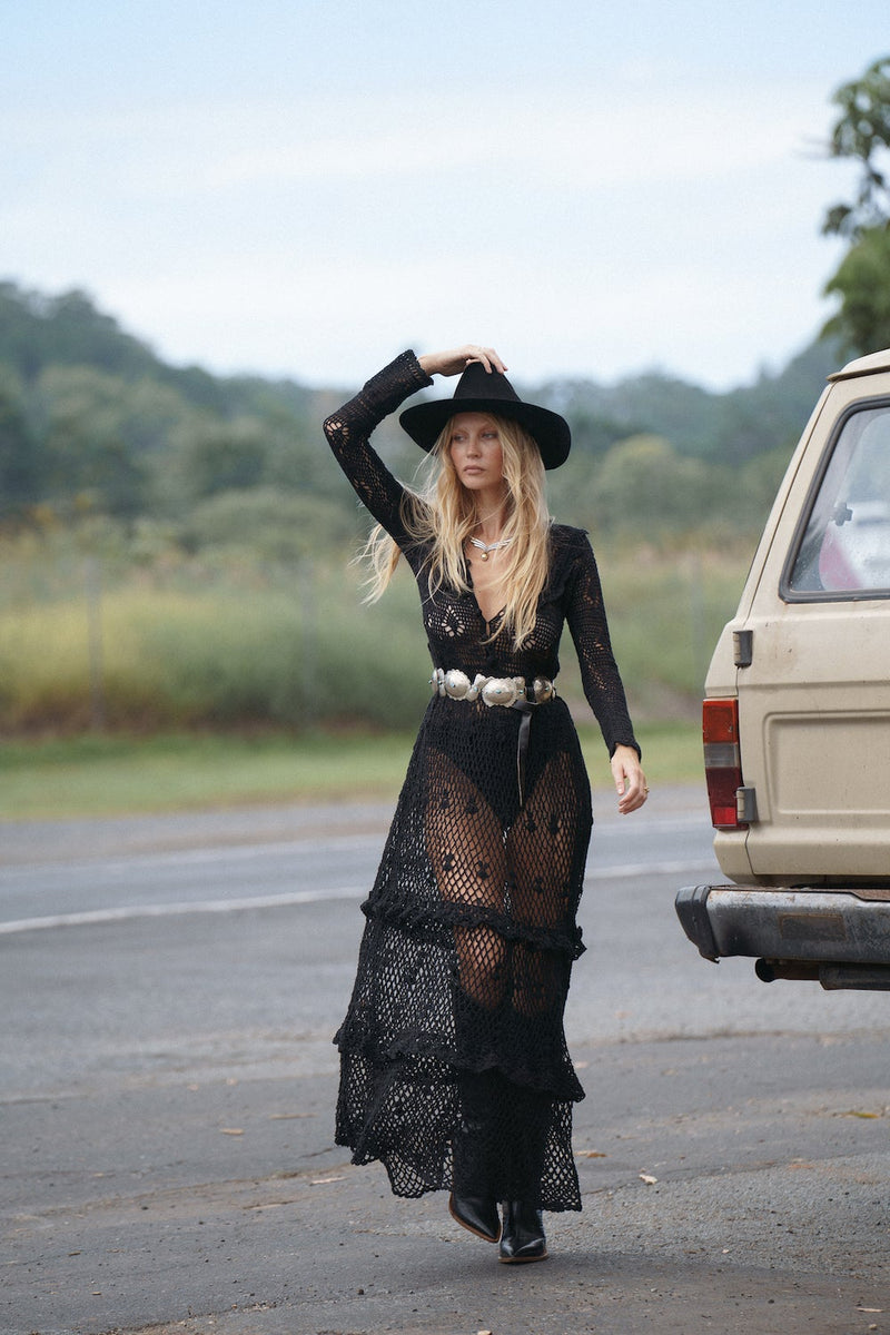 Fire On The Mountain Crochet Ruffle Maxi Dress - Black - Chasing Unicorns