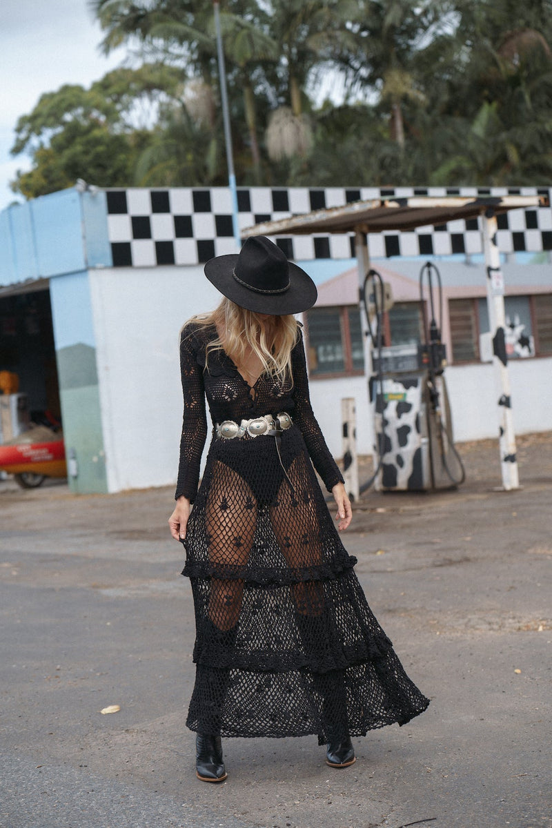 Fire On The Mountain Crochet Ruffle Maxi Dress - Black - Chasing Unicorns