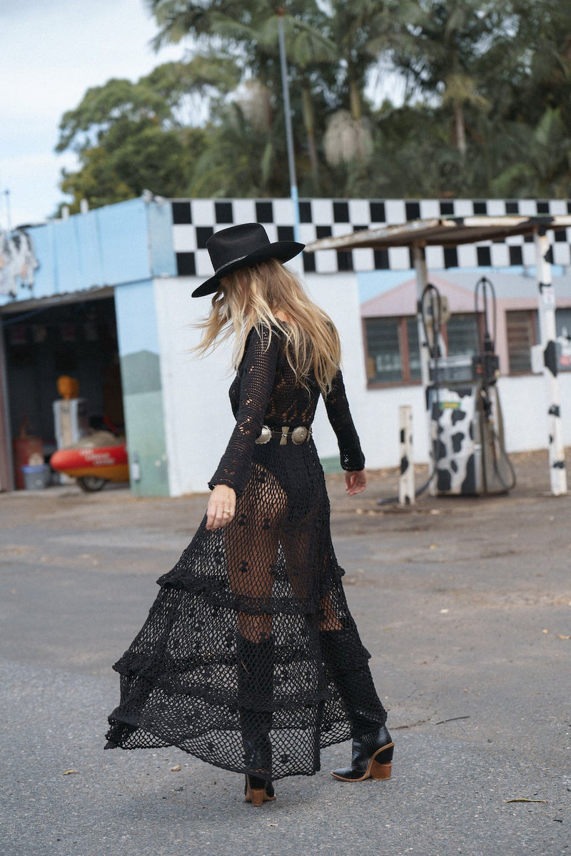 Fire On The Mountain Crochet Ruffle Maxi Dress - Black - Chasing Unicorns