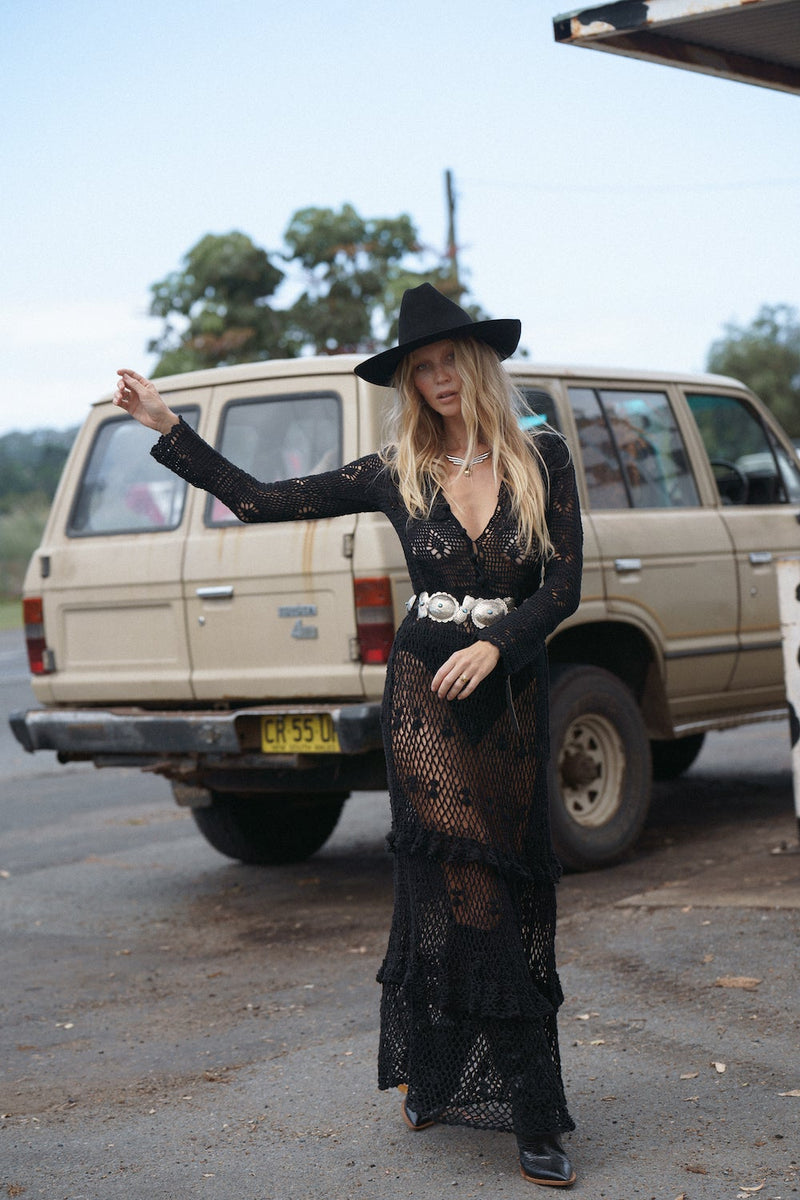 Fire On The Mountain Crochet Ruffle Maxi Dress - Black - Chasing Unicorns