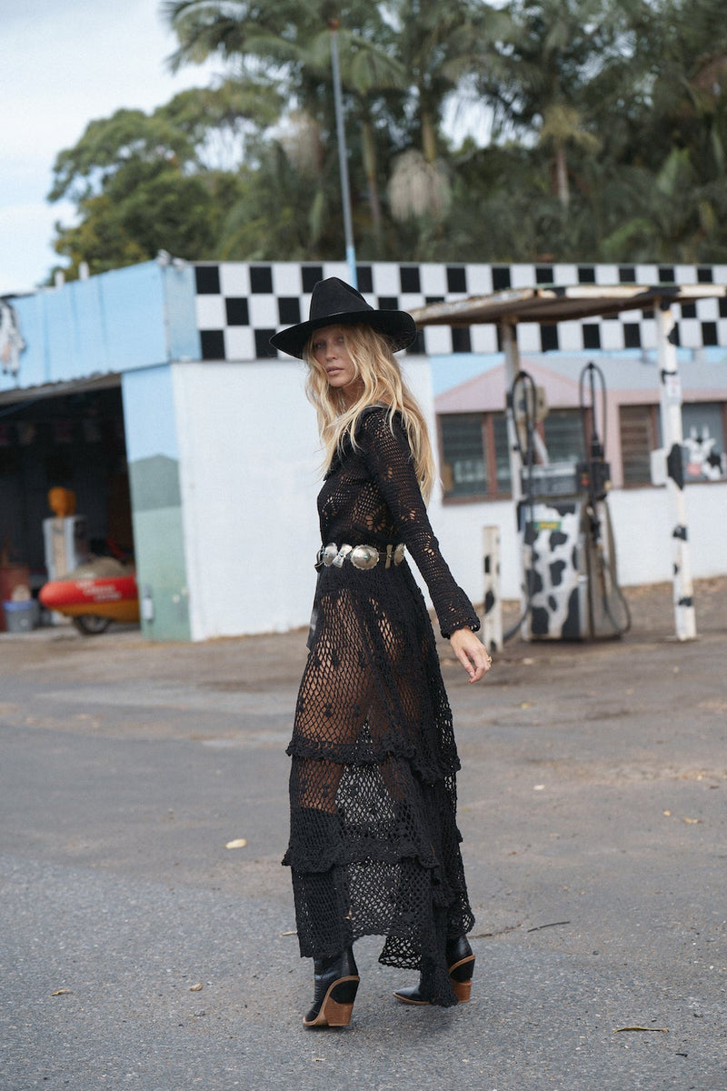 Fire On The Mountain Crochet Ruffle Maxi Dress - Black - Chasing Unicorns