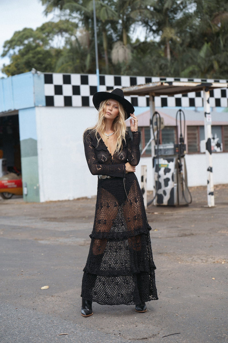 Fire On The Mountain Crochet Ruffle Maxi Dress - Black - Chasing Unicorns