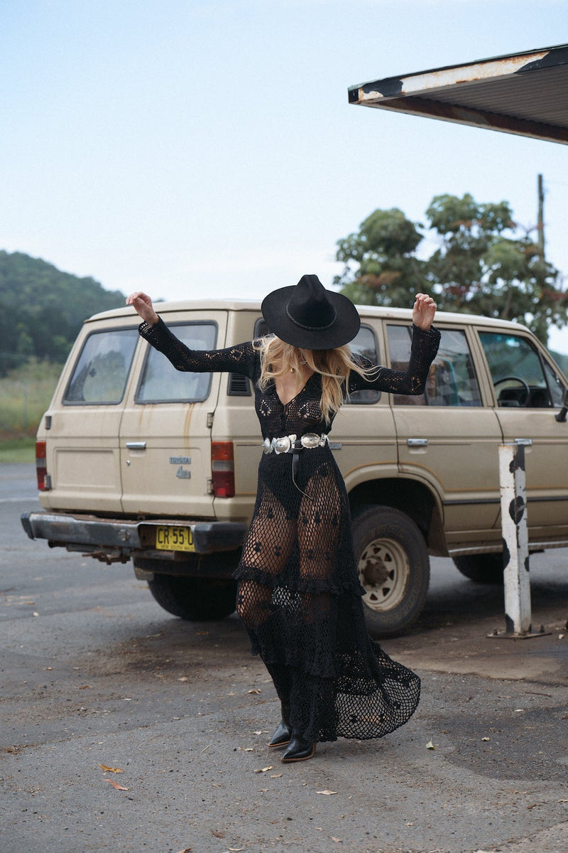 Fire On The Mountain Crochet Ruffle Maxi Dress - Black - Chasing Unicorns