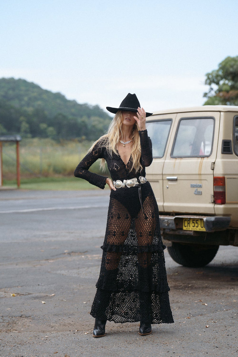 Fire On The Mountain Crochet Ruffle Maxi Dress - Black - Chasing Unicorns