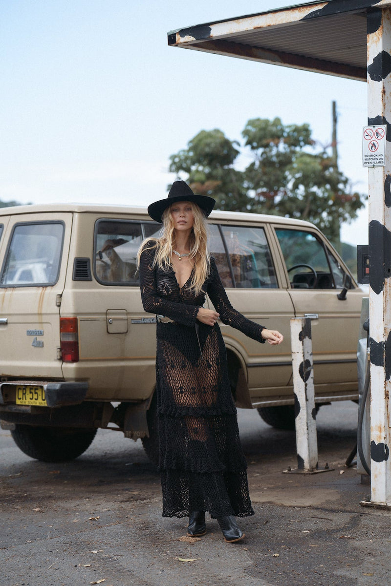 Fire On The Mountain Crochet Ruffle Maxi Dress - Black - Chasing Unicorns