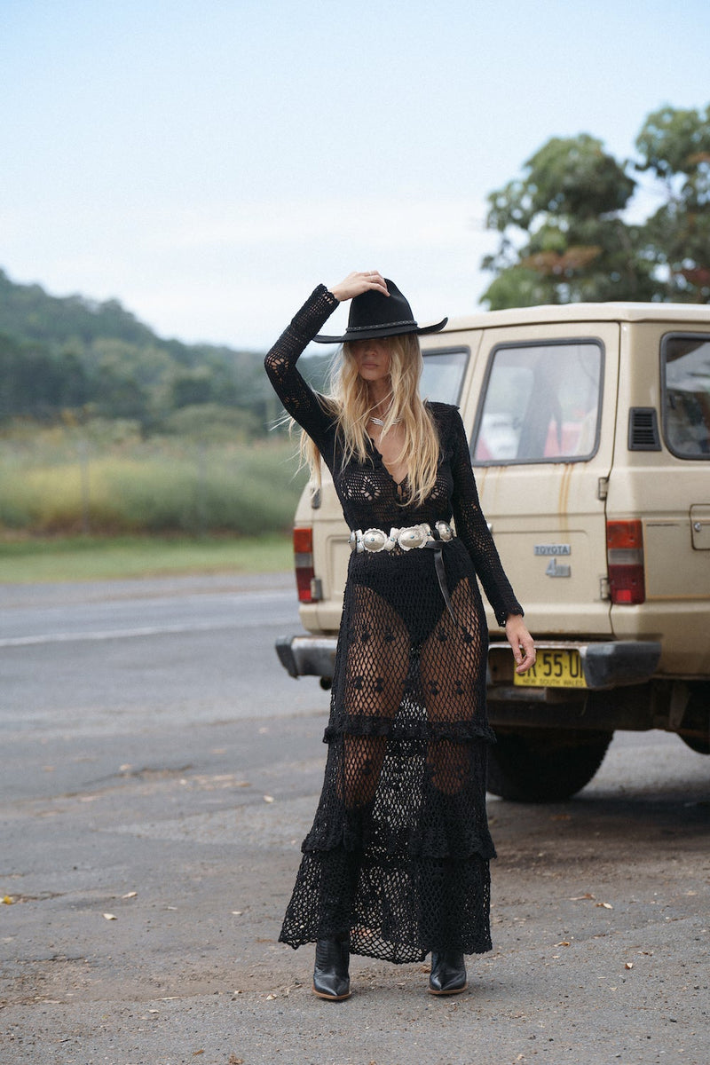 Fire On The Mountain Crochet Ruffle Maxi Dress - Black - Chasing Unicorns