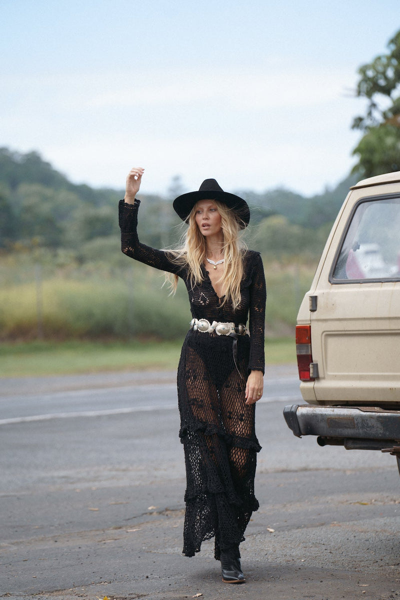Fire On The Mountain Crochet Ruffle Maxi Dress - Black - Chasing Unicorns