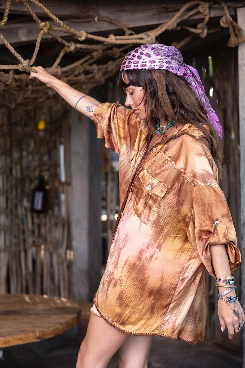 Golden Years Hand Painted Silk Oversized Shirt - Chasing Unicorns