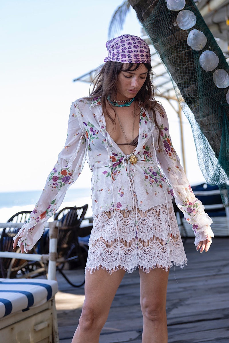 Hand in Hand Silk Chiffon Blouse - Purple Flowers - Chasing Unicorns