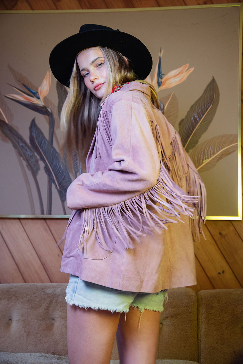 I'm Your Baby Tonight Suede Fringe Jacket - Pink - Chasing Unicorns