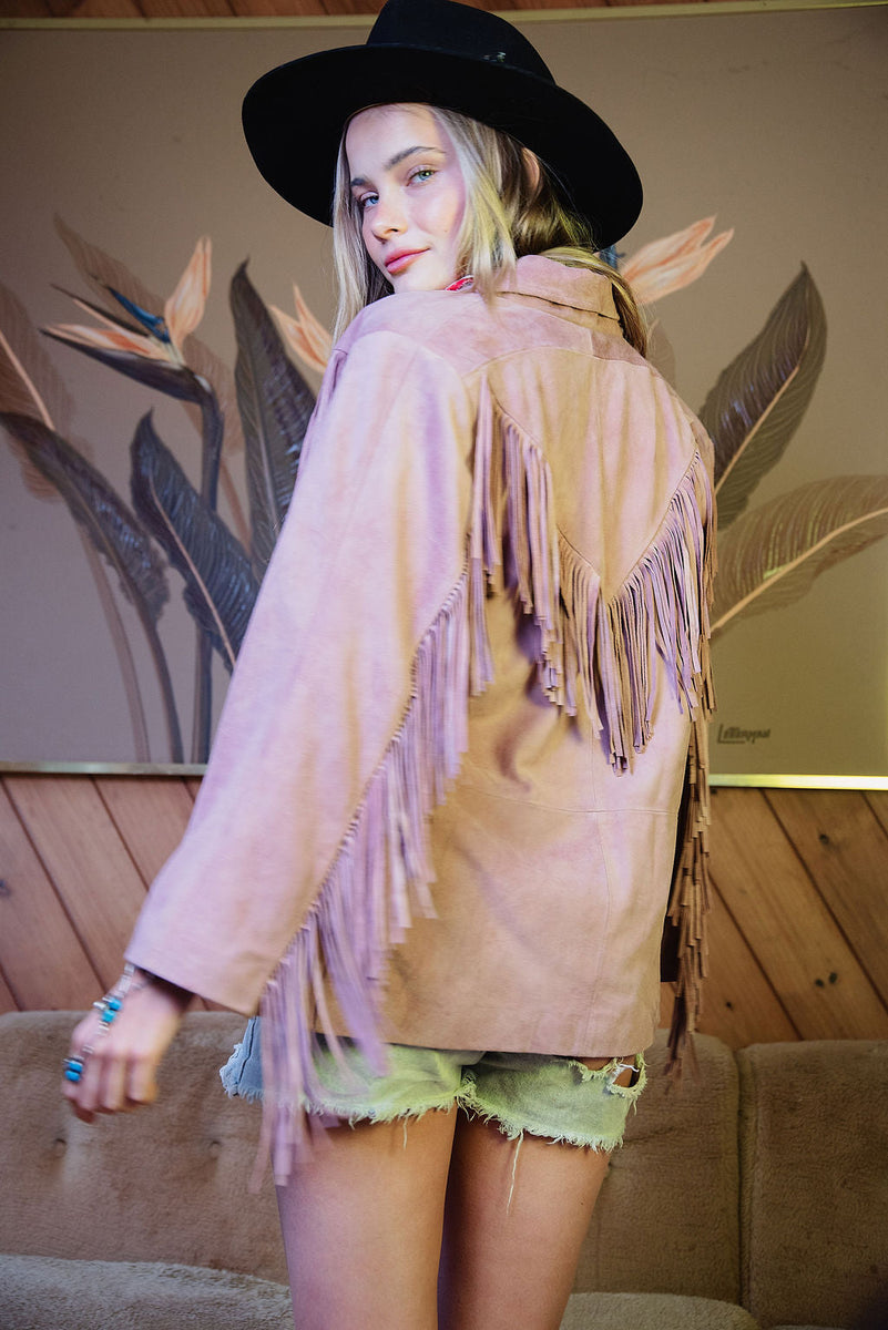 I'm Your Baby Tonight Suede Fringe Jacket - Pink - Chasing Unicorns