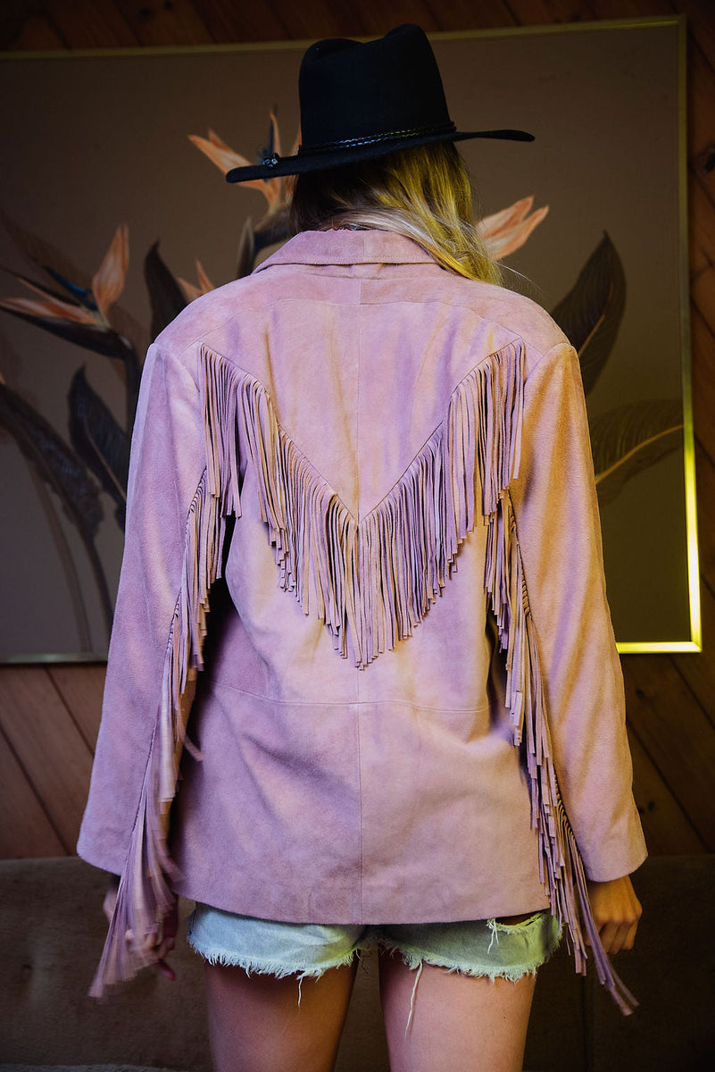 I'm Your Baby Tonight Suede Fringe Jacket - Pink - Chasing Unicorns