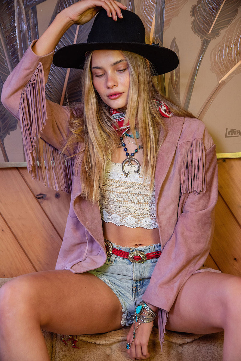 I'm Your Baby Tonight Suede Fringe Jacket - Pink - Chasing Unicorns