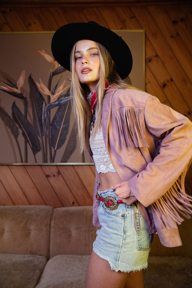 I'm Your Baby Tonight Suede Fringe Jacket - Pink - Chasing Unicorns