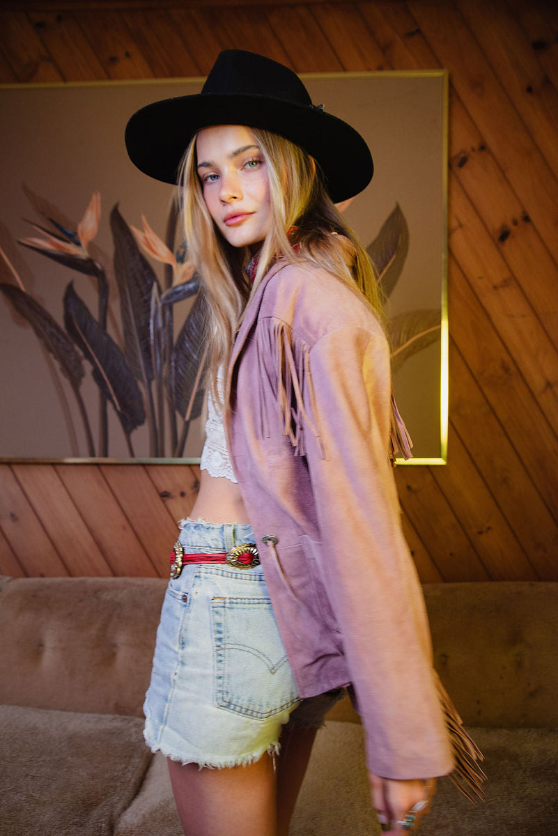 I'm Your Baby Tonight Suede Fringe Jacket - Pink - Chasing Unicorns