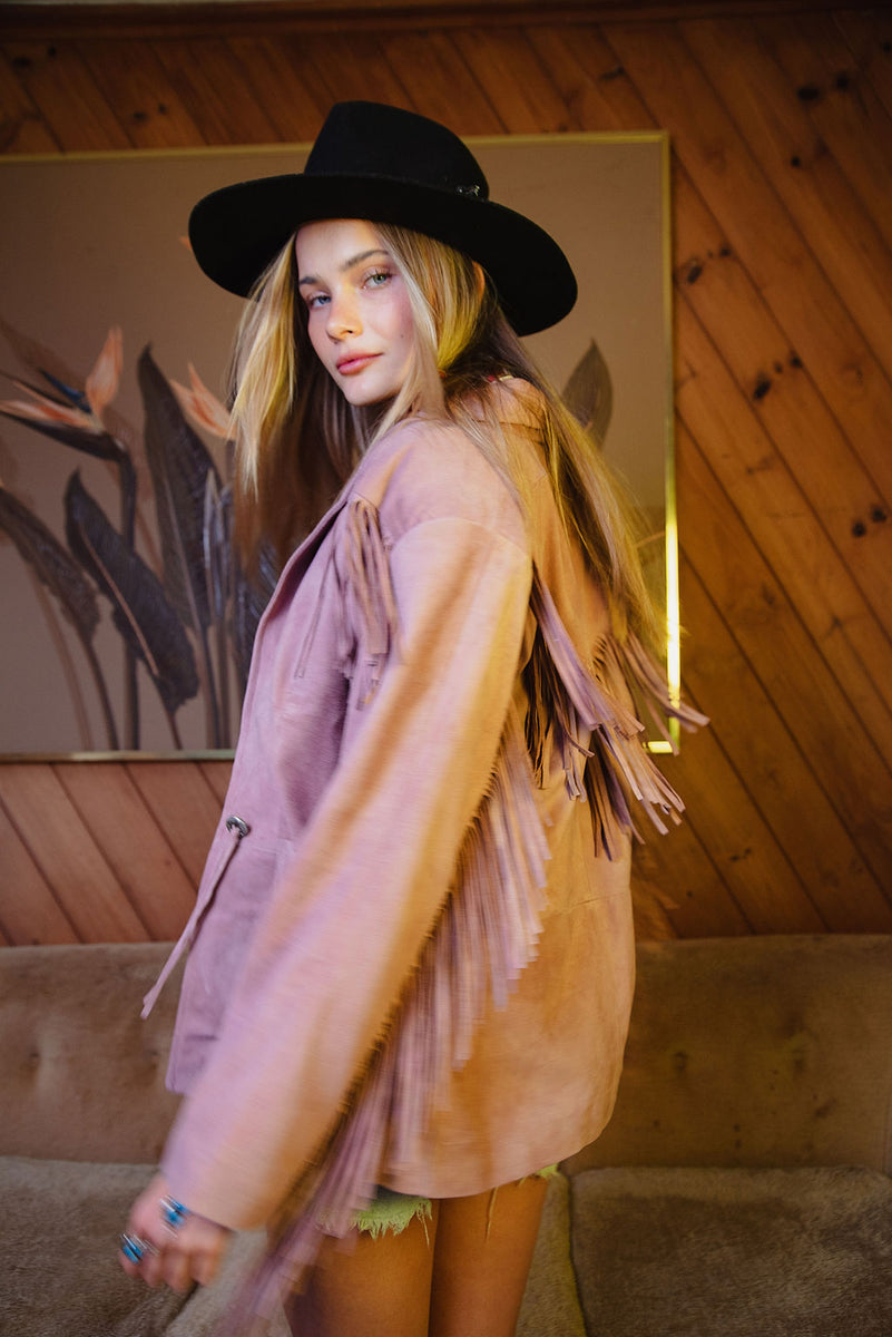 I'm Your Baby Tonight Suede Fringe Jacket - Pink - Chasing Unicorns