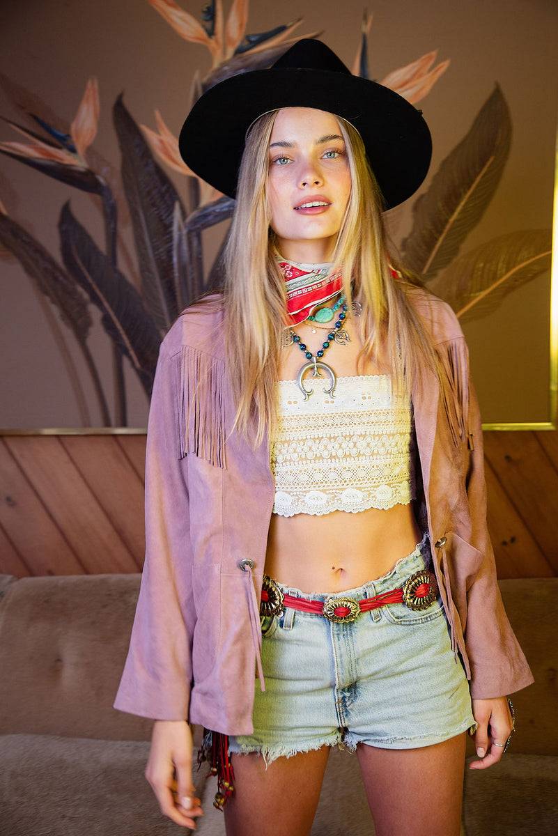I'm Your Baby Tonight Suede Fringe Jacket - Pink - Chasing Unicorns